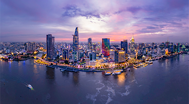 A cityscape of buildings and road infrastructure in Ho Chi Minh city, Vietnam