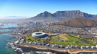 Aerial view of Cape Town, South Africa and Table Bay Harbour.