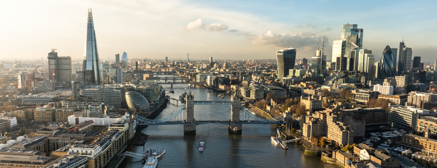 Aerial view of London and Tower Bridge.
