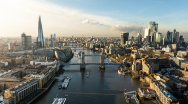 Aerial view of London and Tower Bridge.