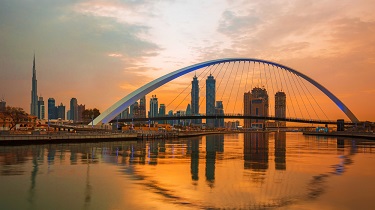 Dusk falls on the skyline of Dubai in the UAE.