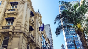Montevideo, capital of Uruguay, with modern architecture alongside historic buildings.