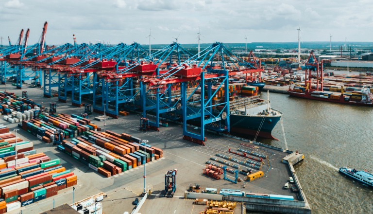 Aerial view of cargo crane container terminal in Hamburg Harbour, Germany