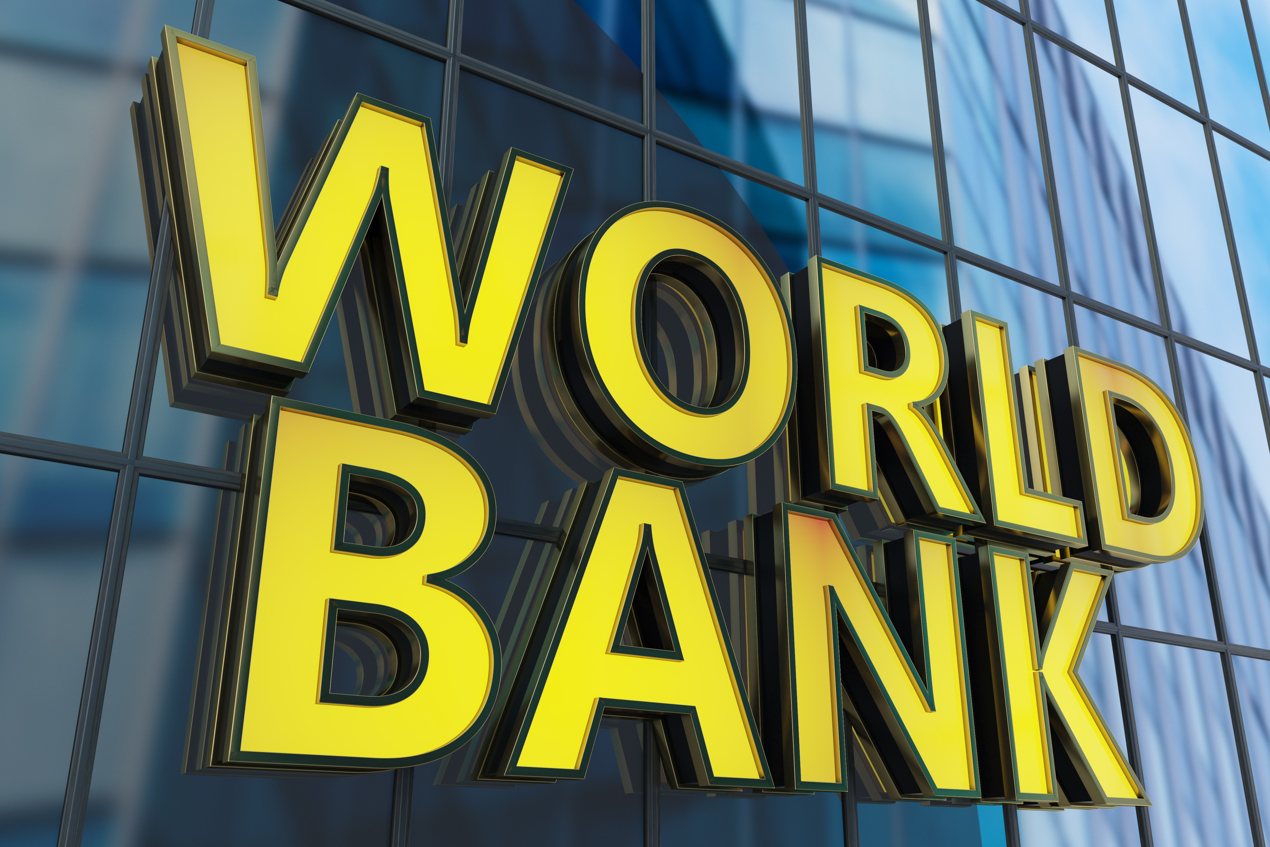 World Bank neon sign displayed on a skyscraper window, 3D rendered concept