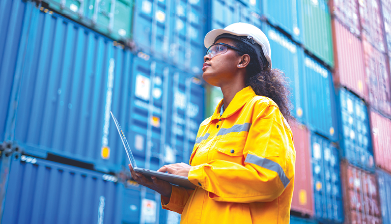 Un ingénieur inspecte des conteneurs d'expédition, illustrant le commerce mondial et la stratégie d'exportation.
