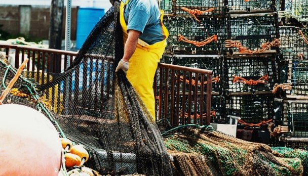 Canadian fisherman hauls a fishing net onto the deck of a trawler.