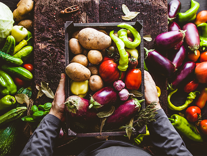 Mains tenant une boîte de légumes aux couleurs vives