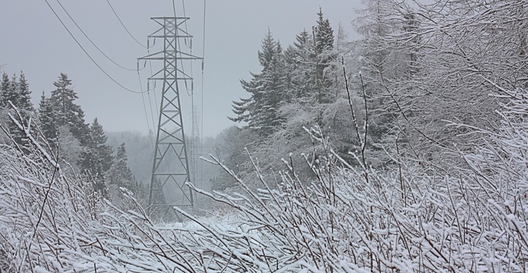 Image of transmission towers in the wintertime.