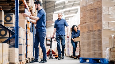 Three warehouse workers move packages onto pallets.