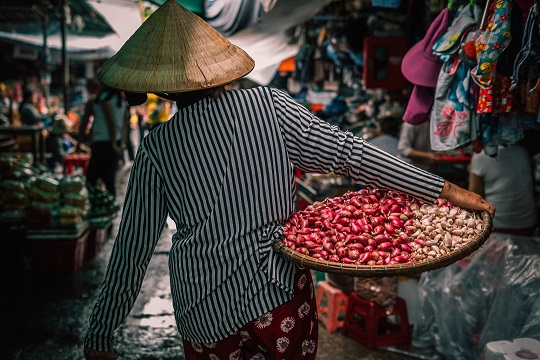 Woman carries basket of vegetables