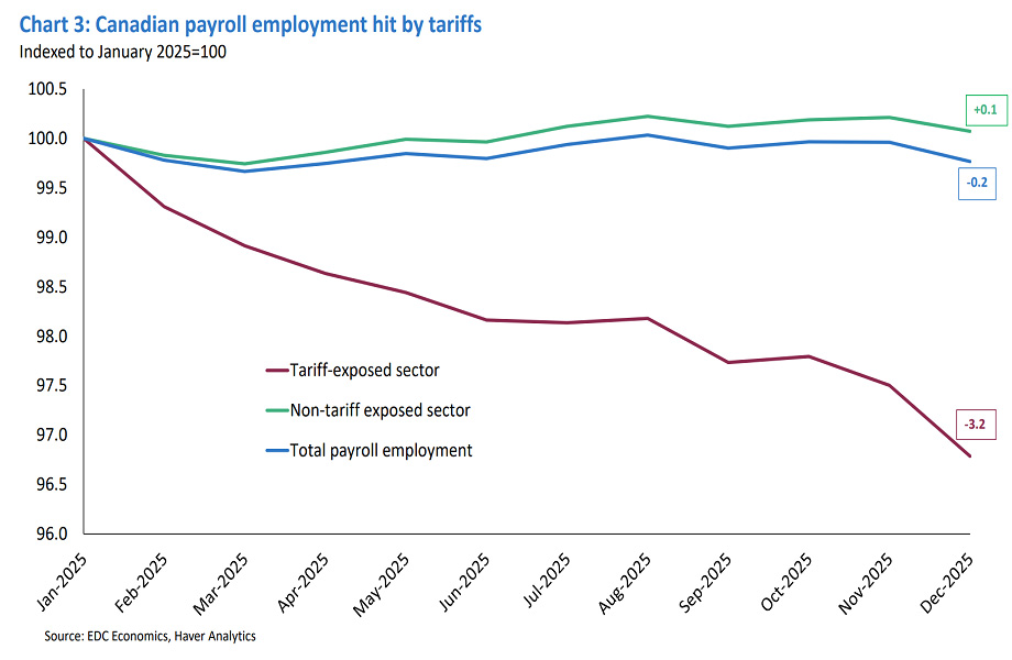 Tariff exposed jobs decline steadily, while non exposed and total employment hold steadier.