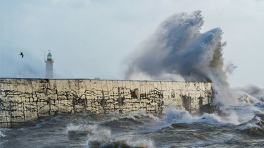Waves crash against Newhaven Harbour breakwater during a storm, sending dramatic spray high into the air.