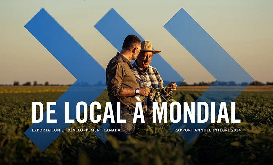 Agricultural professionals discussing crops in a lush field at sunset, symbolizing growth and progress with forward-moving blue arrows