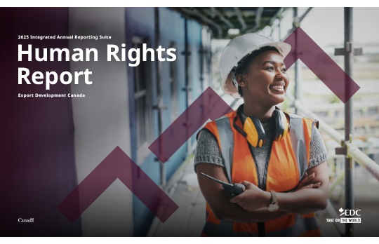 Cover of Human Rights Report. A worker in safety gear smiling on a construction site, with text overlaid that reads “Human Rights Report”