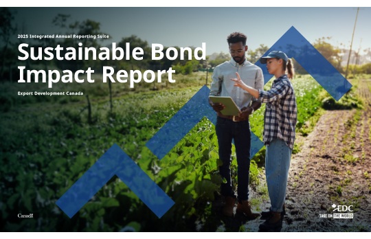 Cover of Sustainable Bond Impact Report. Two people reviewing a tablet while standing in a farm field, with text overlaid that reads “Sustainable Bond Impact Report”