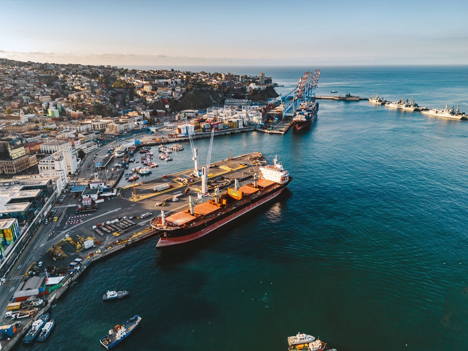 Drone view of harbour and cityscape of Valparaiso, Chile