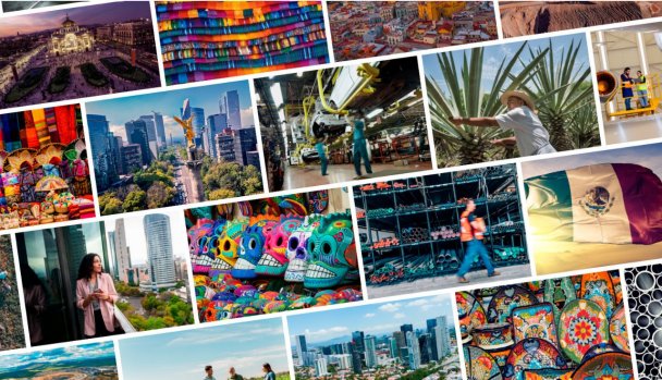 Mosaic of Mexican towns, skyscrapers, colourful skulls, businesspeople, monuments and farm fields.