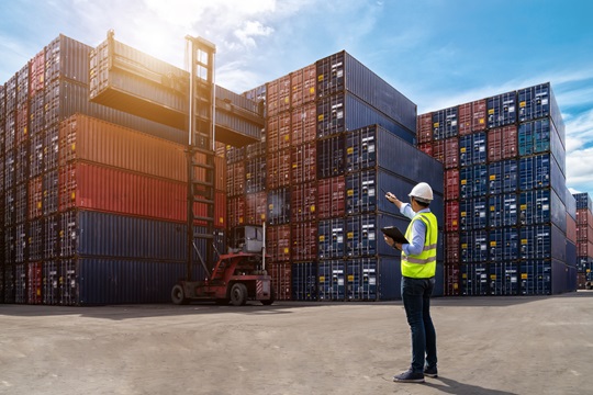 A person standing in front of stacks of shipping containers at a port in the Indo-Pacific