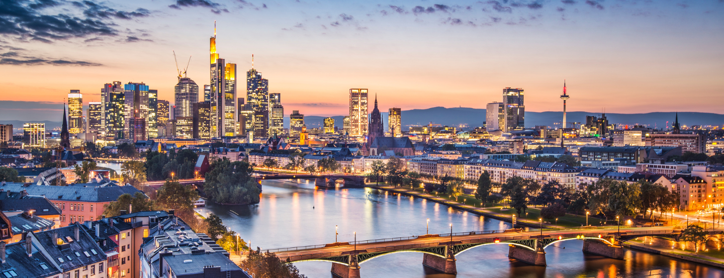 Aerial view of Frankfurt, Germany, at twilight, with skyline.