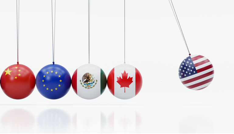 Newton’s cradle features dangling metal balls covered in the American, Canadian, Mexican, Chinese and European Union flags.