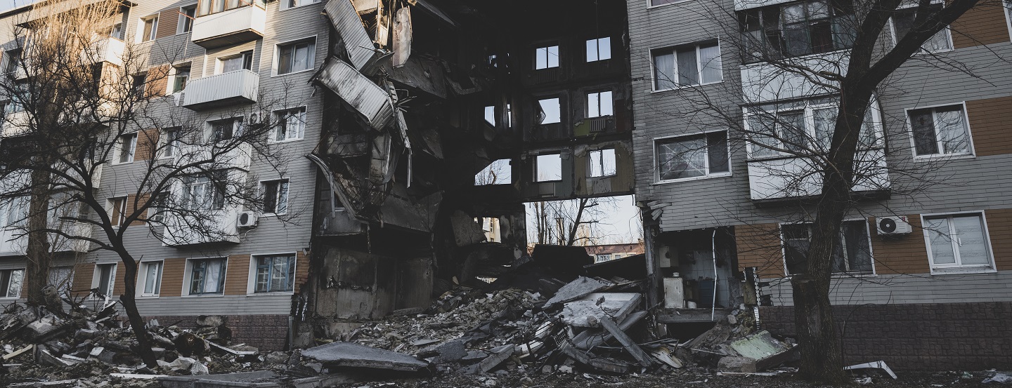 Bombed apartment building in Bakhmut, Ukraine.