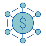 Graphic showing a dollar sign in a large circle, six smaller circle radiate out from the large circle.