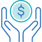 Stylized blue hands holding a green coin icon