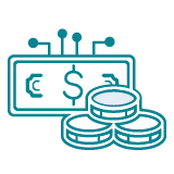 Icône de monnaie numérique avec un signe de dollar et des pièces.