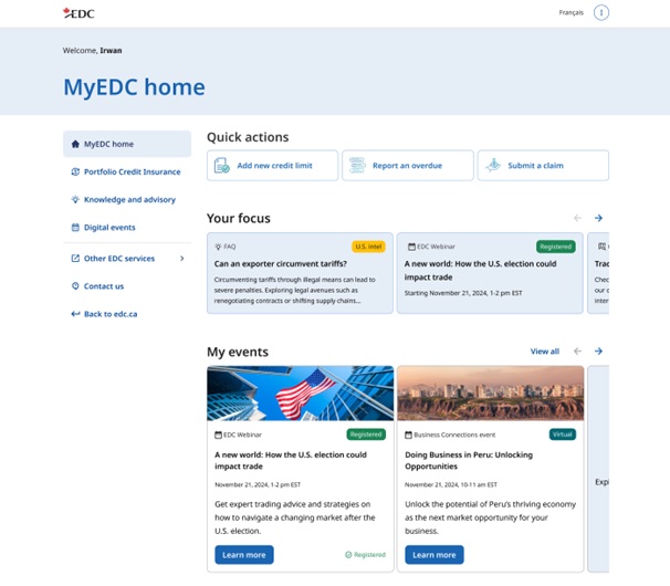 MyEDC dashboard showing PCI quick action buttons: Add new credit limit, Report an overdue and Submit a claim.