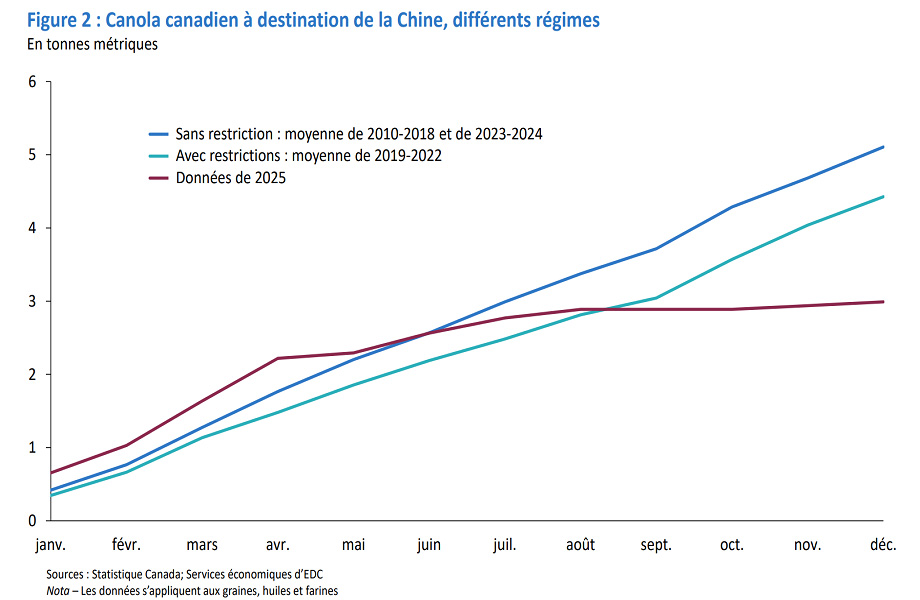 Les exportations de canola vers la Chine (de 2018 à 2025); elles atteignent un sommet en 2024, puis s’effondrent en 2025 après l’imposition de tarifs douaniers.