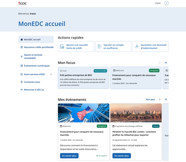 Tableau de bord MonEDC montrant les boutons des actions rapides de l’Assurance crédit de portefeuille : Ajouter une nouvelle limite de crédit, Signaler un compte en souffrance et Soumettre une demande d’indemnisation.