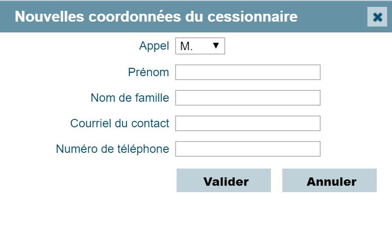 Fenêtre contextuelle pour modification des coordonnées des cessionnaires