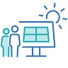 Picture of people, sun and computer screen with a data table representing calculating and reporting emissions